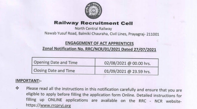 Railway NCR Apprentice Online Form 2021 (1664 Posts)